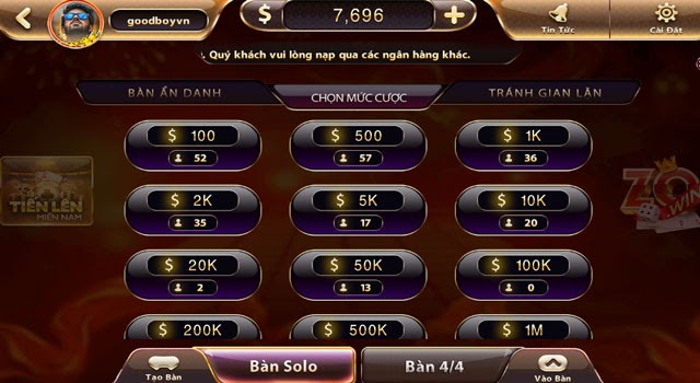 Bàn chơi tiến lên miền nam tại Zowin